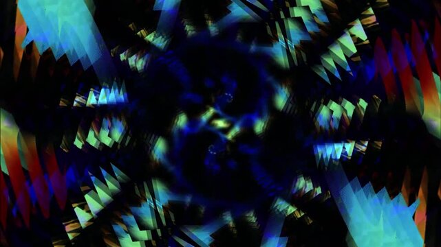 It features a dynamic blend of colors&mdash;ranging from electric blue, orange, and warm yellow to deep red&mdash;swirling and transforming symmetrically within complex geometric patterns.