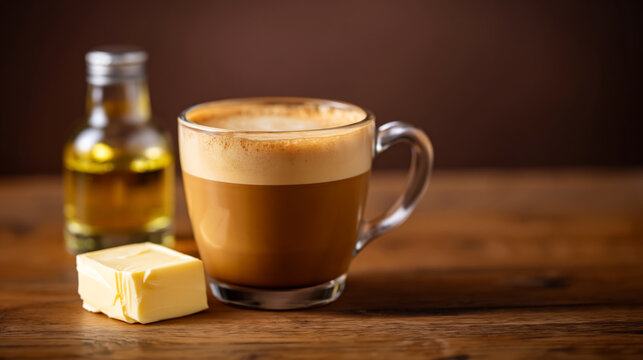 Creamy bulletproof coffee with butter and oil on rustic wooden table