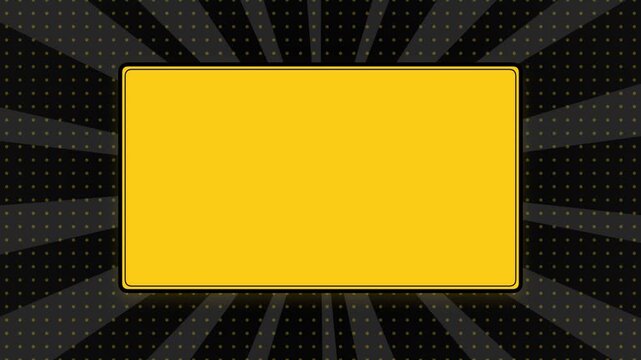 Yellow comic frame on black sunburst background with halftone dots pattern