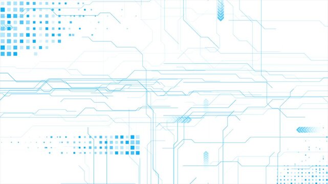 Abstract digital technology blue circuit board lines futuristic background with arrows and halftone dots. Seamless looping motion design. Video animation Ultra HD 4K 3840x2160
