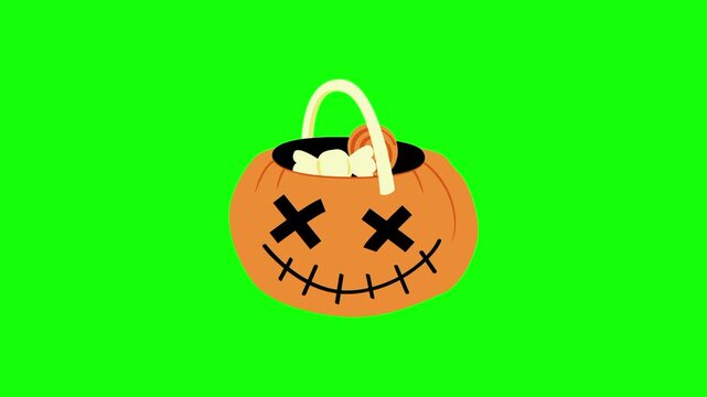 Halloween candy bucket from pumpkin, trick or treat icon sign, isolated on green screen. Vector cartoon animation. Advertisement, illustration idea, party and celebration symbol. Element for video.