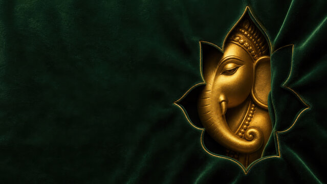 Golden lord ganesha idol emerging from deep dark green velvet fabric with soft generated using ai