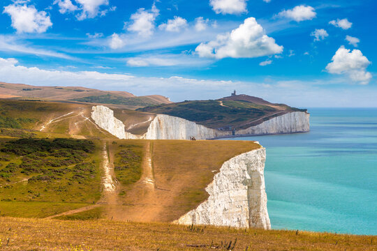 White Chalk Cliffs of Seven Sisters in South Downs National Park, England, UK