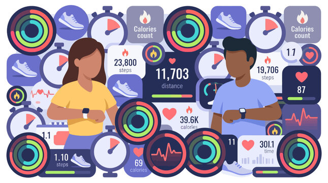 Fitness enthusiasts tracking health metrics on smart wearable devices.