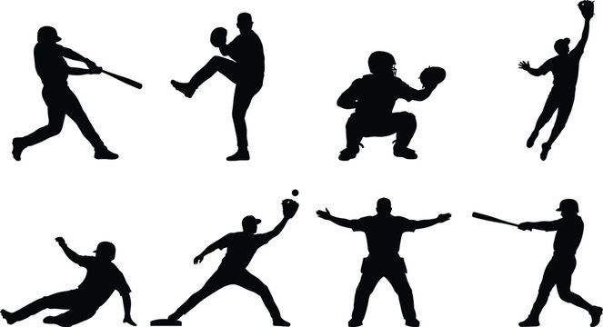 Baseball Player Silhouettes Set Featuring Batter Swinging, Pitcher Pitching, Catcher, Fielder, and Umpire Isolated on White Background