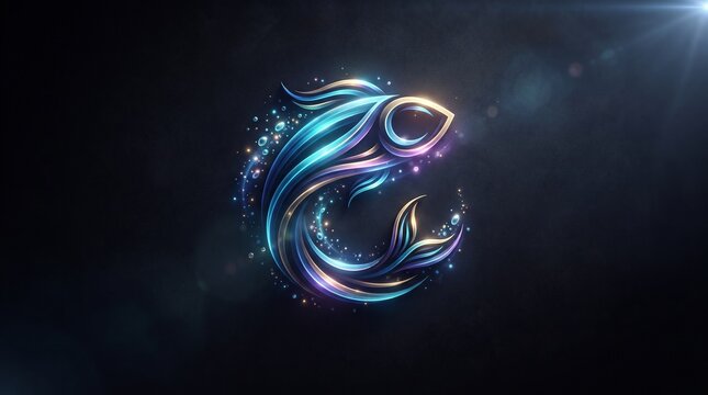 Glowing 3D fish icon with sparkling light trails