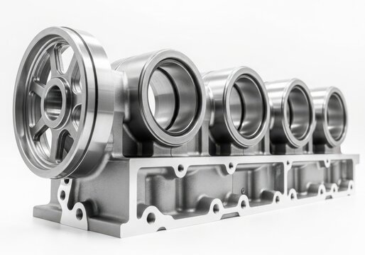 Vintage car engine cylinder heads and block isolated on white background
