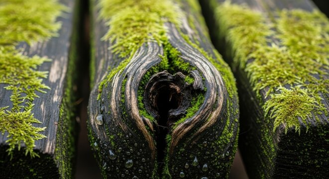 Close up of green moss growing on wet wooden logs.