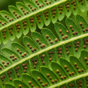 Close up of green fern leaf with spore clusters.