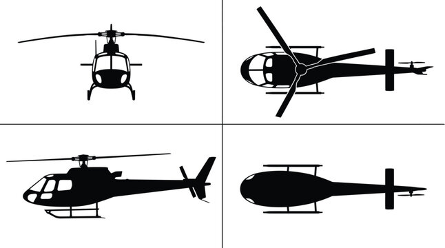 AS350 Ecureuil Light Utility Helicopter 4-View Orthographic Blueprint Silhouette Vector Set