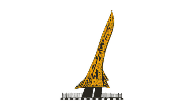 Golden keris monument illustration representing traditional Indonesian culture and heritage landmark isolated on white background.