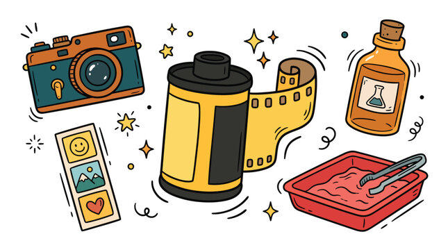 Retro darkroom film photography doodle set featuring a vintage camera yellow film roll chemical bottle developing tray and processing tweezers