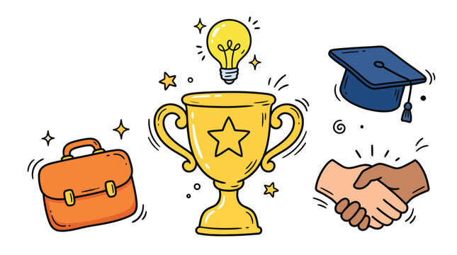Cute business success doodle set containing a golden trophy cup glowing idea lightbulb leather briefcase graduation cap and corporate handshake