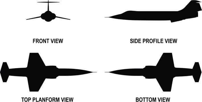 Lockheed F-104 Starfighter Interceptor Aircraft 4-View Orthographic Blueprint Silhouette Vector Set (F-104_Starfighter_silhouette_grid_2K_202607220907)