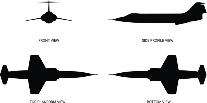 F-104 Starfighter High Speed Interceptor Jet 4-View Orthographic Blueprint Silhouette Vector Set