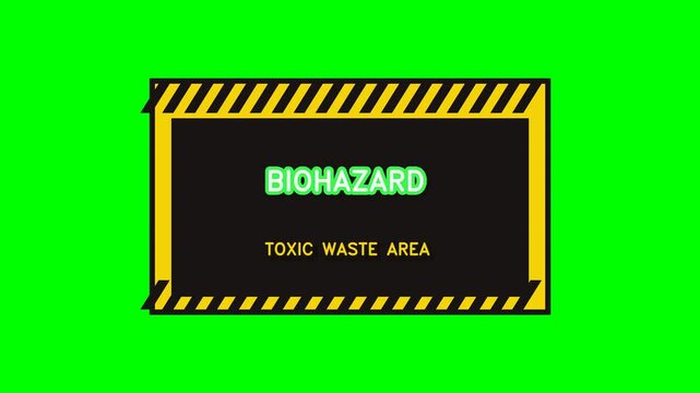 Biohazard Toxic Waste Area Warning Sign with Yellow and Black Stripes.