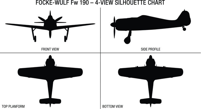Fw 190 Single Seat Military Fighter Aircraft 4-View Orthographic Blueprint Silhouette Vector Set