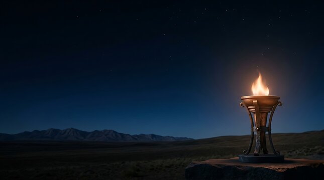 Burning metal torch beacon glowing in a serene desert mountain landscape under a starry night sky representing hope for International Day of Peace