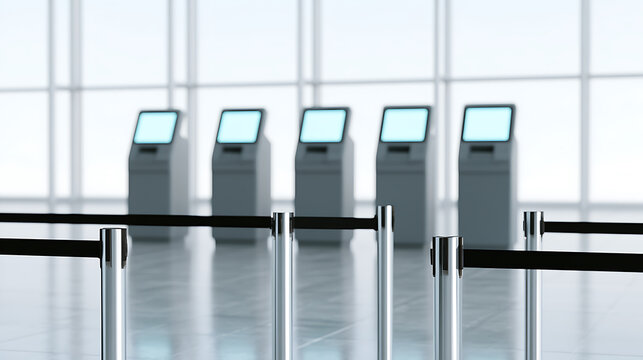 Modern self-service kiosks with queue barriers in a brightly lit, spacious check-in area at an airport or terminal, sleek design, clear screen