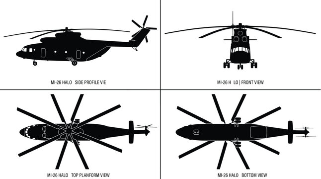 Mi-26 Halo Heavy Transport Military Helicopter 4-View Orthographic Blueprint Silhouette Vector Set
