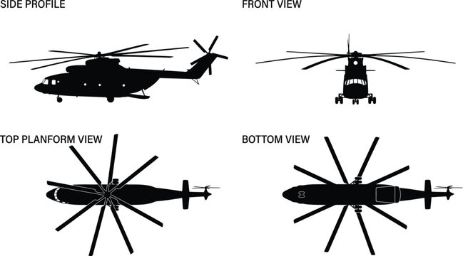 Mi-26 Halo Heavy Transport Military Helicopter 4-View Orthographic Blueprint Silhouette Vector Set