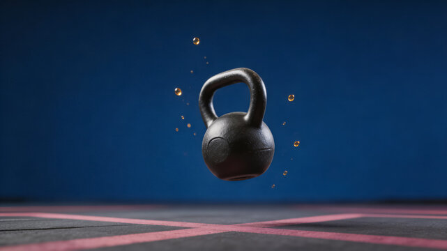 Floating kettlebell in motion on gym floor with blue wall background