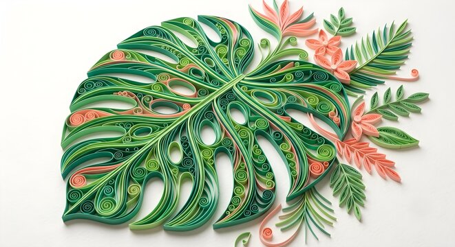 Premium 3D paper quilling art tropical monstera leaf on off-white background