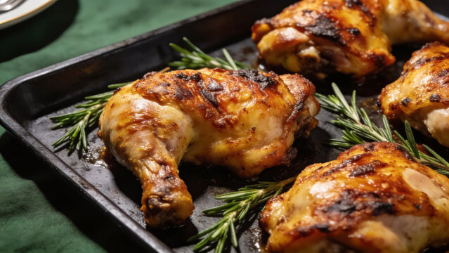 Grilled chicken thighs with rosemary on baking tray