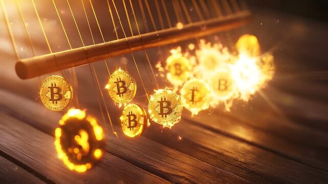 Glowing burning bitcoin coins swinging in Newton cradle conceptual finance background