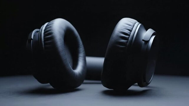 Wireless over-ear headphones rotating on dark background, sleek modern audio gear product showcase for tech advertising and music branding