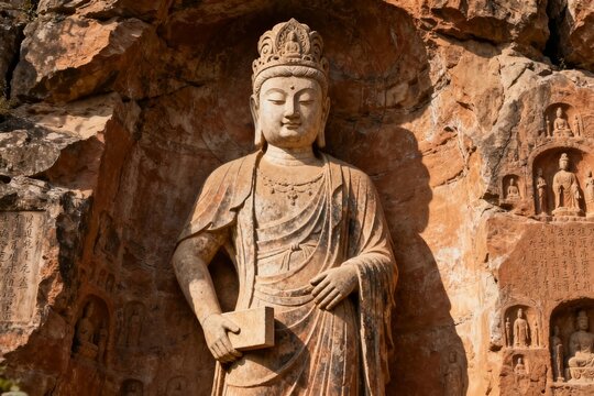 Buddhist Stone Statue in Grotto with Carvings