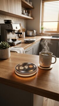 Smart kitchen control hub on wooden countertop next to steaming coffee cup. Modern automated home device with interface for lighting and appliance settings. Future domestic life technology.