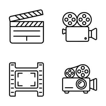 Classic movie production icons including film projector, camera, and clapboard.
