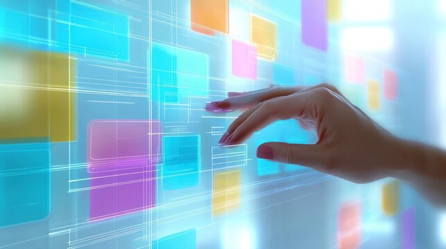 Hand interacting with colorful digital interface