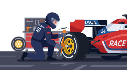 Obraz premium Formula one pit stop mechanic changing race car tire