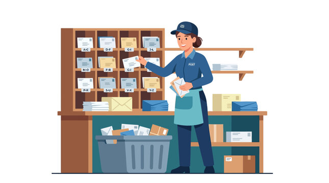 Woman sorting mail packages at service counter.