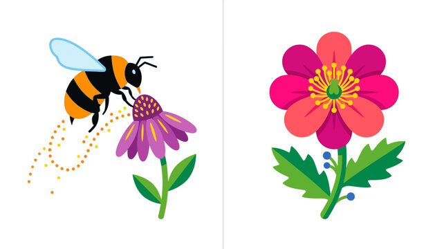 Flat vector illustration of bee pollinating flower and floral bloom