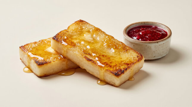 Crispy honey-glazed french toast with raspberry jam on cream background
