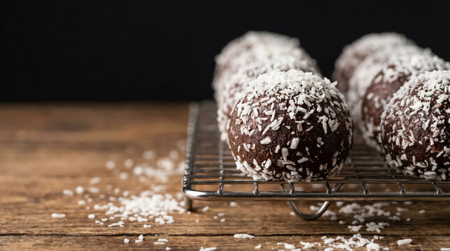 Chocolate coconut bliss balls on wire rack with wooden background