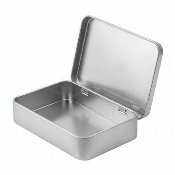 Empty silver metal tin box with lid open, minimalist storage container on white