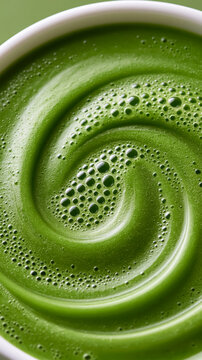 Smooth green matcha tea swirl with foam bubbles in close-up view