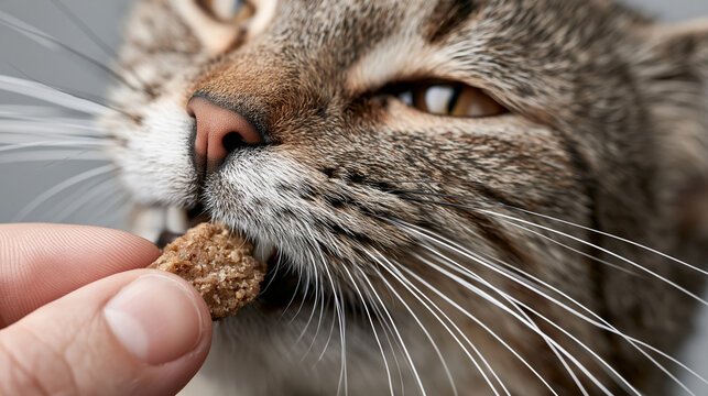 Close-up of tabby cat eating treat from human hand