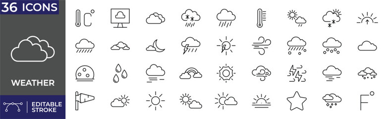 Obraz premium Weather Icons Set. Forecast, Rain, Sun, Cloud, Storm, Wind and Climate Outline Icons. Editable Stroke.