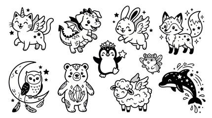 Obraz premium Cute Fantasy Animals And Magical Creatures Line Art Set