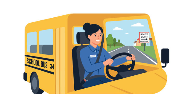 Female school bus driver smiling while driving vehicle.
