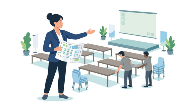 Planner designing classroom layout with floor plans.