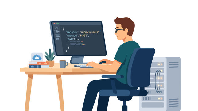 Software developer coding at organized home office desk.