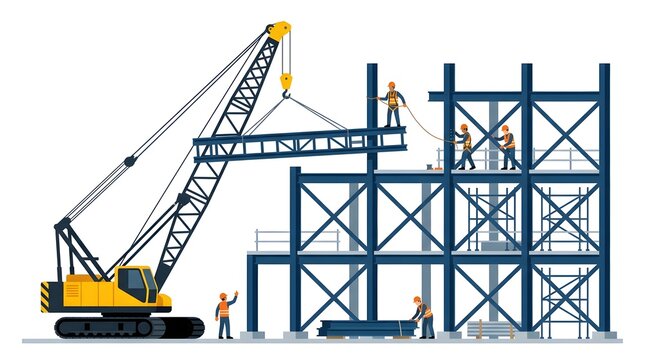 Crawler crane lifting steel beams while construction workers assemble the structural framework of a commercial building. Flat vector illustration representing steel construction, engineering, industri