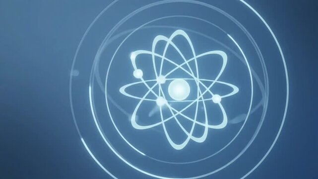4K seamless loop of glowing atom symbol rotating with protective circular rings on calm blue background. Symbol of peace, nuclear safety, science, technology, protection and humanitarian awareness.
