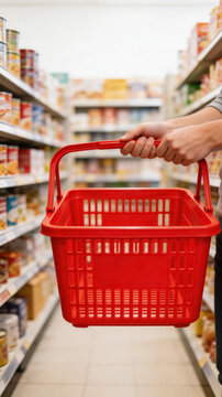 Person shopping in grocery store aisle with red basket